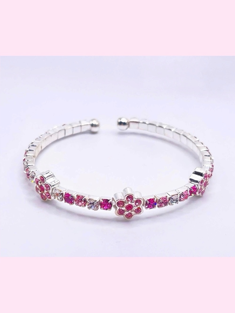 Pink Simulated Crystal Silver-Toned Floral Open Bangle Bracelet